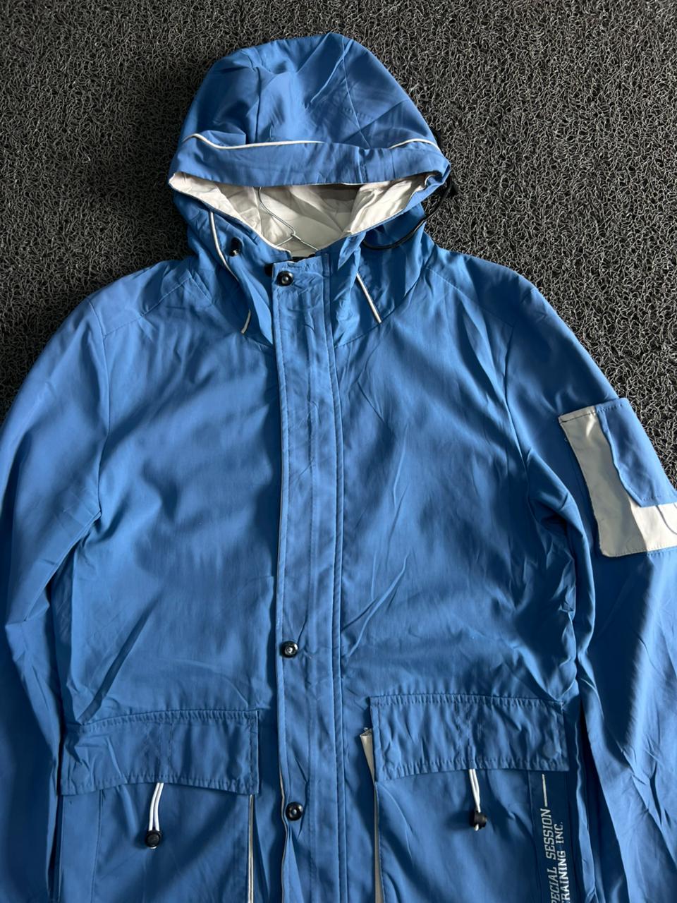 Men's Sky Blue Hooded Utility Parka Jacket – Lightweight Windproof Outdoor Long Coat