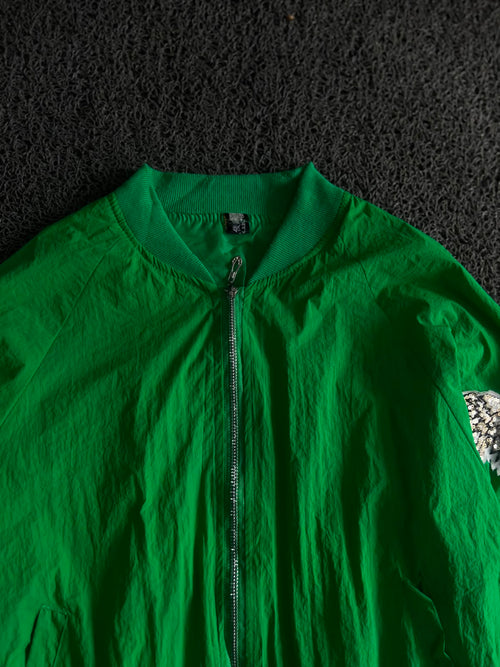 Green Bomber Jacket with Sequin Eagle Sleeve Embroidery | Retro Zip-Up Streetwear
