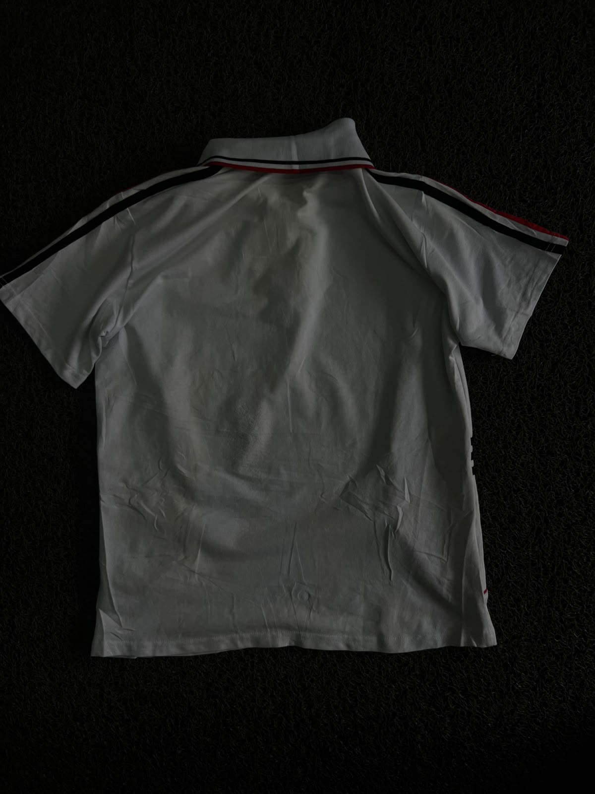 Sports Polo T-Shirt with Red & Black Stripes and Embroidered Chest Badge ⚠️ Small Stains