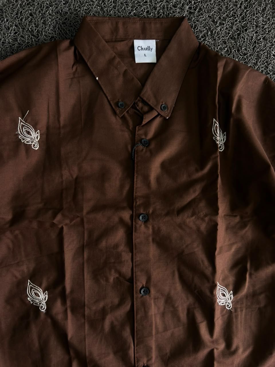 Chally Brown Leaf Embroidery Button-Down Shirt