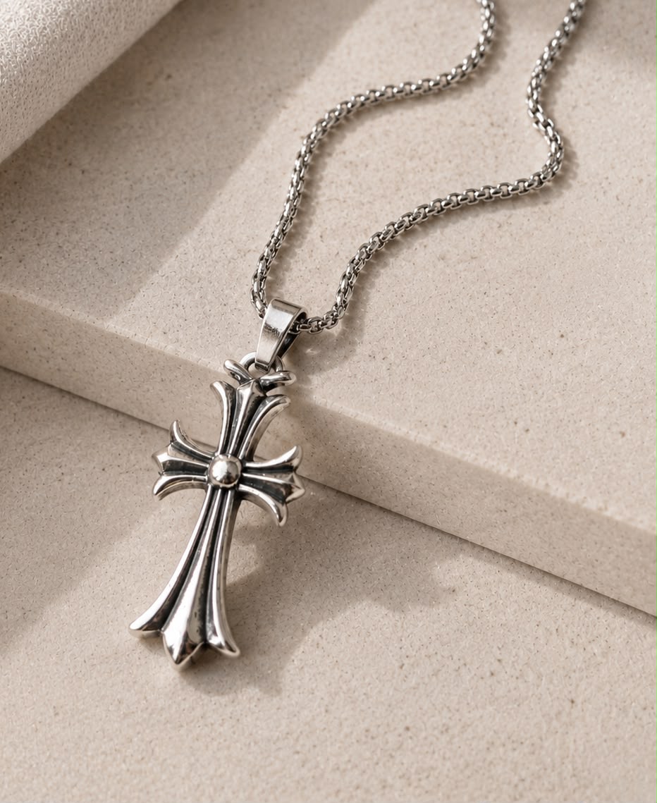 Vintage Silver Gothic Cross Pendant Necklace | Stainless Steel Chain | Unisex Statement Jewelry