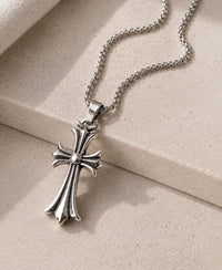 Vintage Silver Gothic Cross Pendant Necklace | Stainless Steel Chain | Unisex Statement Jewelry