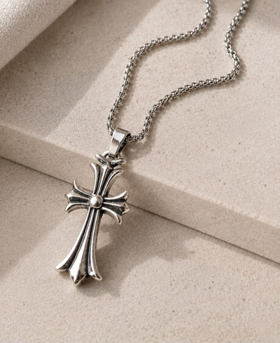 Vintage Silver Gothic Cross Pendant Necklace | Stainless Steel Chain | Unisex Statement Jewelry