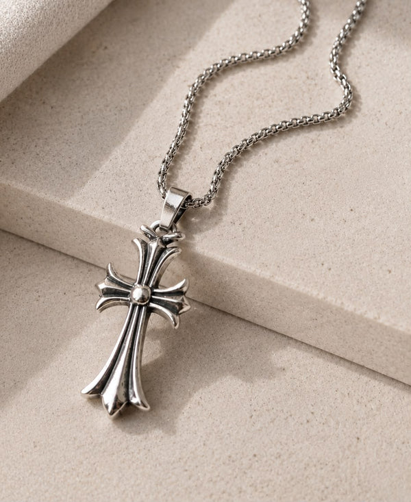 Vintage Silver Gothic Cross Pendant Necklace | Stainless Steel Chain | Unisex Statement Jewelry