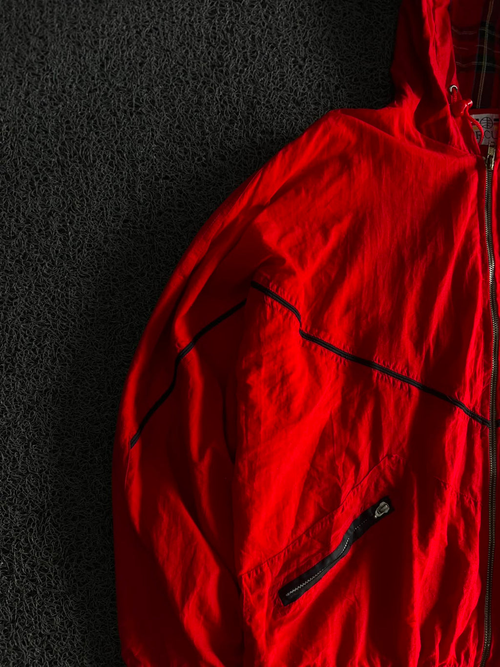 Mercury Red Hooded Windbreaker Jacket – Full Zip Plaid Lined