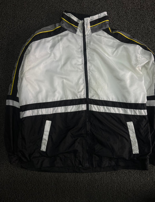 Vintage Black & White Retro Track Jacket with Yellow Piping