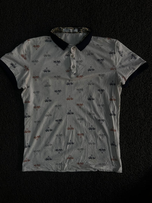 Palm Tree Print Polo T-Shirt with Contrast Collar