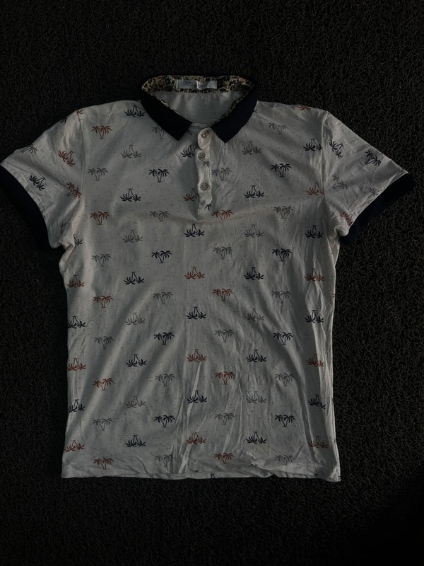 Palm Tree Print Polo T-Shirt with Contrast Collar