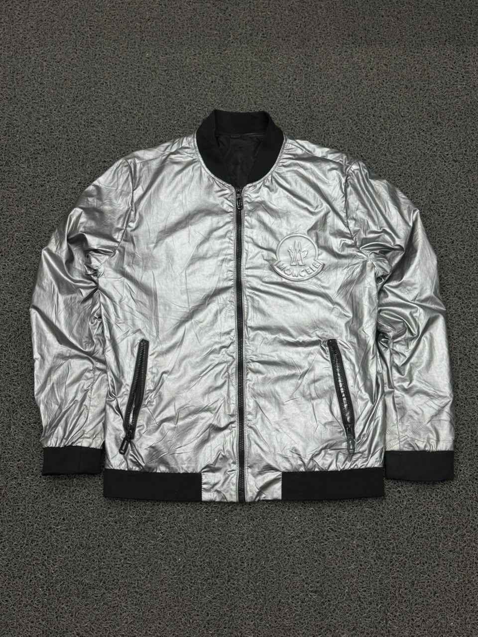 Moncler Silver Metallic Logo Bomber Jacket – Full Zip Men's Outerwear