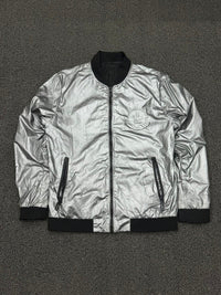 Moncler Silver Metallic Logo Bomber Jacket – Full Zip Men's Outerwear