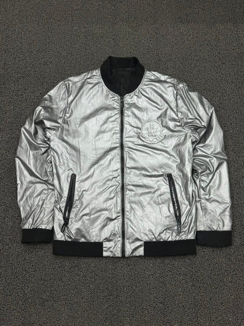 Moncler Silver Metallic Logo Bomber Jacket – Full Zip Men's Outerwear