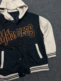 Madness Hooded Varsity Jacket – Black & Cream Snap Button College Jacket ⚠️ No Zip
