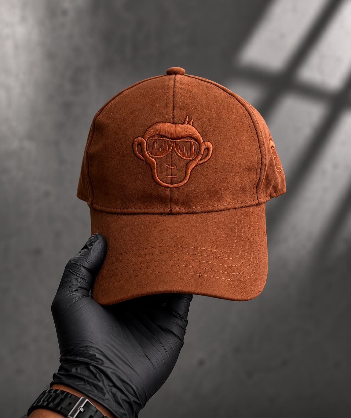 Brown Monkey Embroidered Suede-Style Cap