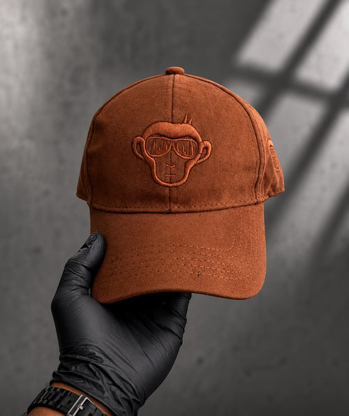 Brown Monkey Embroidered Suede-Style Cap