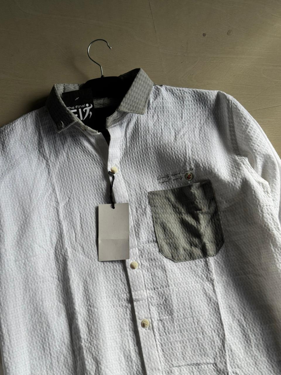 Men's White Textured Full Sleeve Shirt with Contrast Grey Pocket