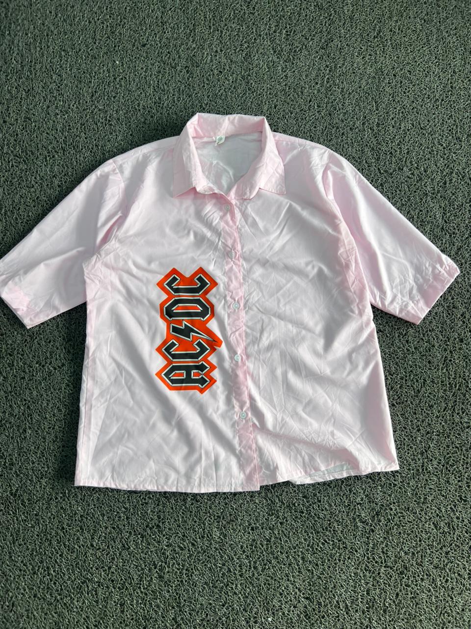 Thrifted AC/DC Graphic Pink Button-Up Shirt | Vintage Oversized Casual Wear