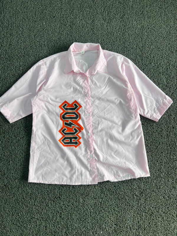 Thrifted AC/DC Graphic Pink Button-Up Shirt | Vintage Oversized Casual Wear