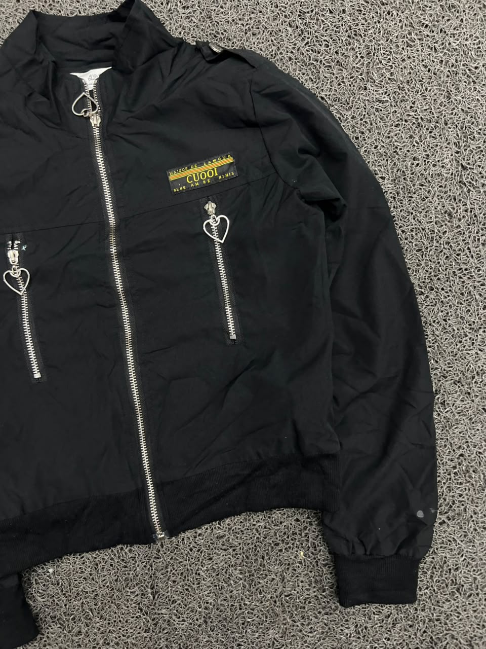 Black Utility Zip-Up Bomber Jacket with Heart Pocket Detail
