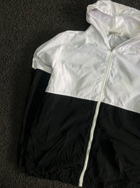 White & Black Colorblock Hooded Windbreaker Jacket with Full-Zip Front ⚠️ Small Stains
