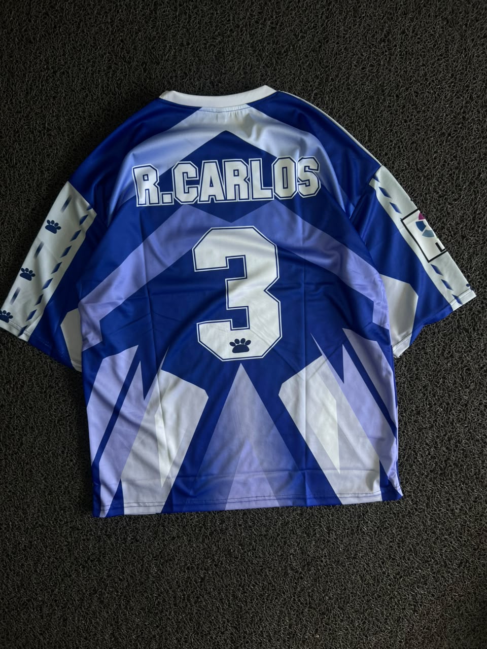 Blue & White Custom R. Carlos #3 Sports Five Sleeve Jersey