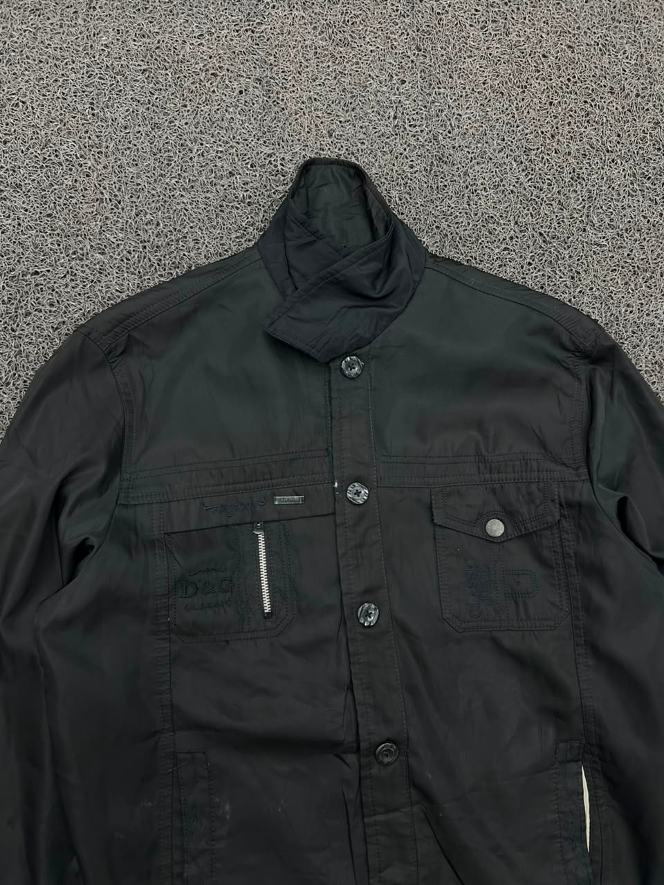 Black Utility Field Jacket with Stand Collar & Multi-Pocket Design