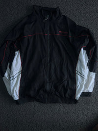Black & White Colorblock Zip-Up Windbreaker Jacket with Red Detailing
