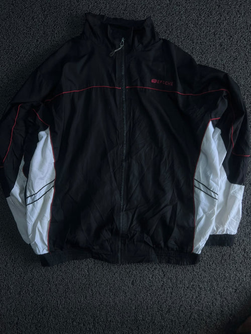 Black & White Colorblock Zip-Up Windbreaker Jacket with Red Detailing