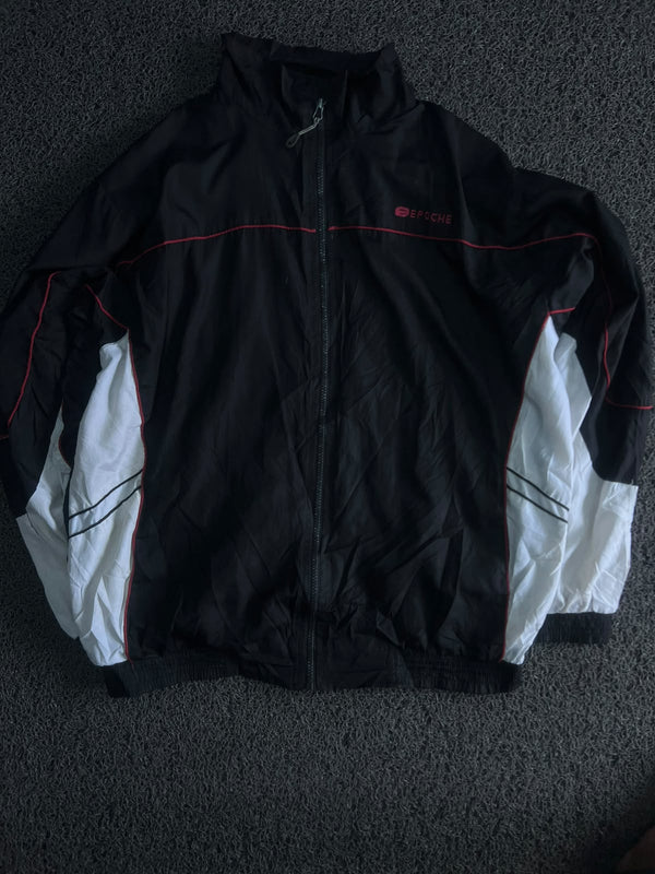 Black & White Colorblock Zip-Up Windbreaker Jacket with Red Detailing