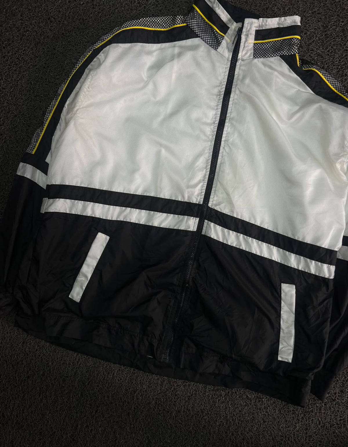 Vintage Black & White Retro Track Jacket with Yellow Piping