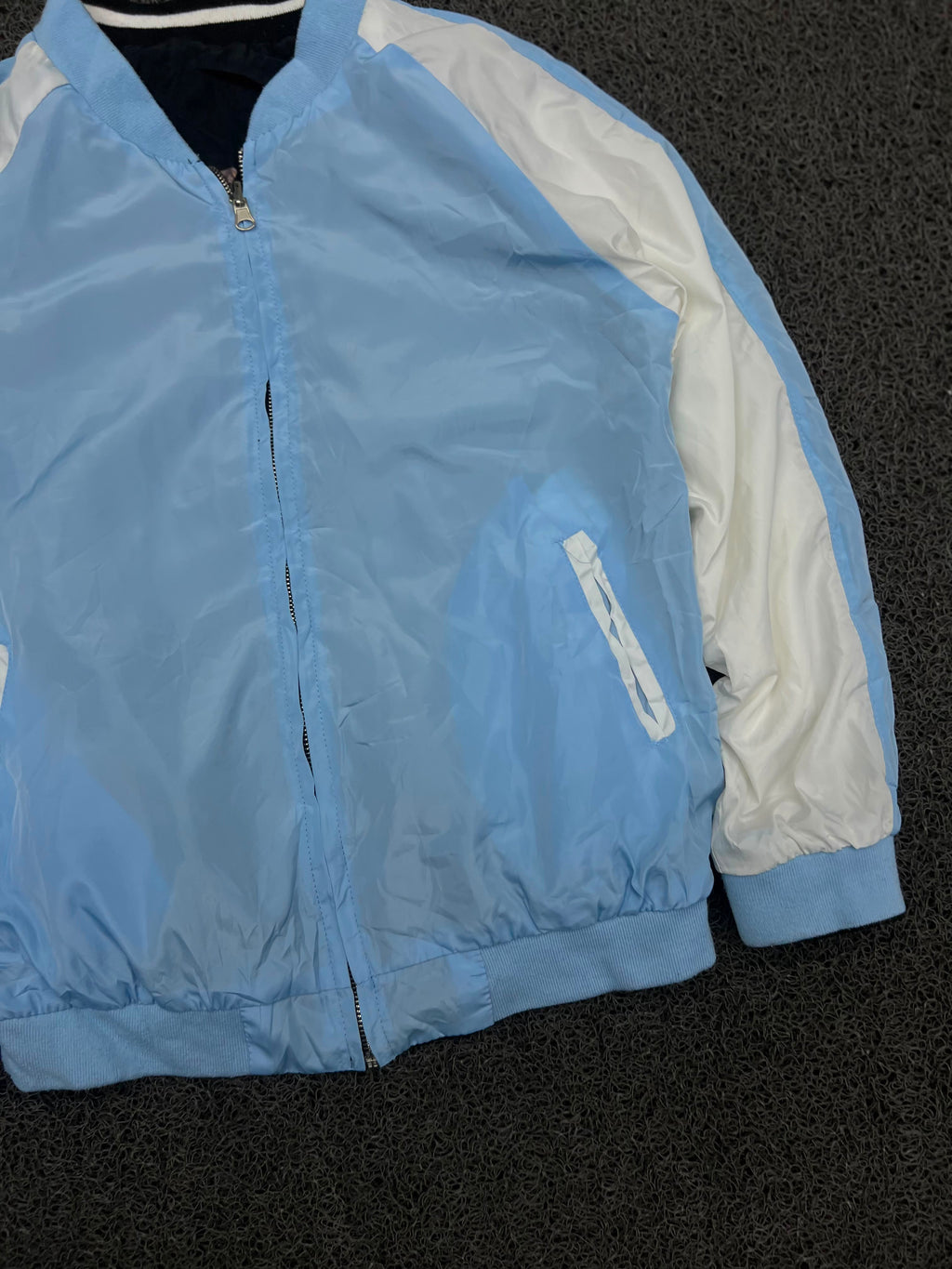 Men's Reversible Sky Blue & Black Bomber Jacket – Lightweight Full Zip Varsity Windbreaker