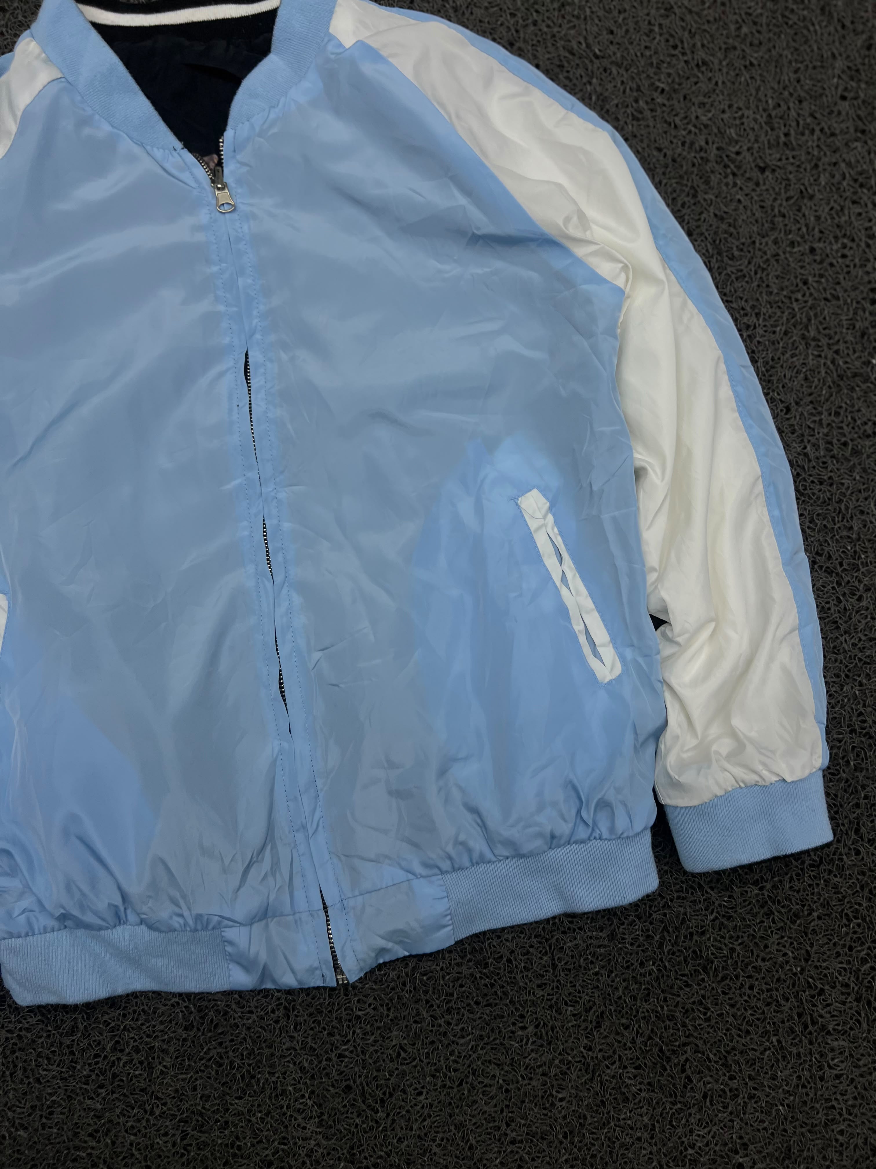 Men's Reversible Sky Blue & Black Bomber Jacket – Lightweight Full Zip Varsity Windbreaker