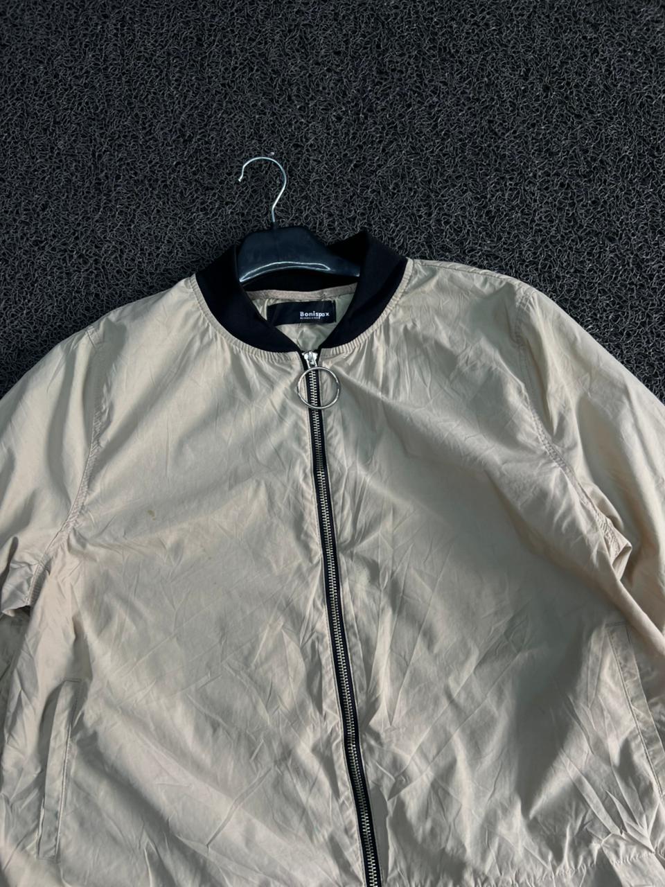 Beige Mesh Hem Zip-Up Bomber Jacket