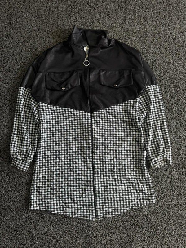 Vintage Black & White Houndstooth Colorblock Utility Jacket