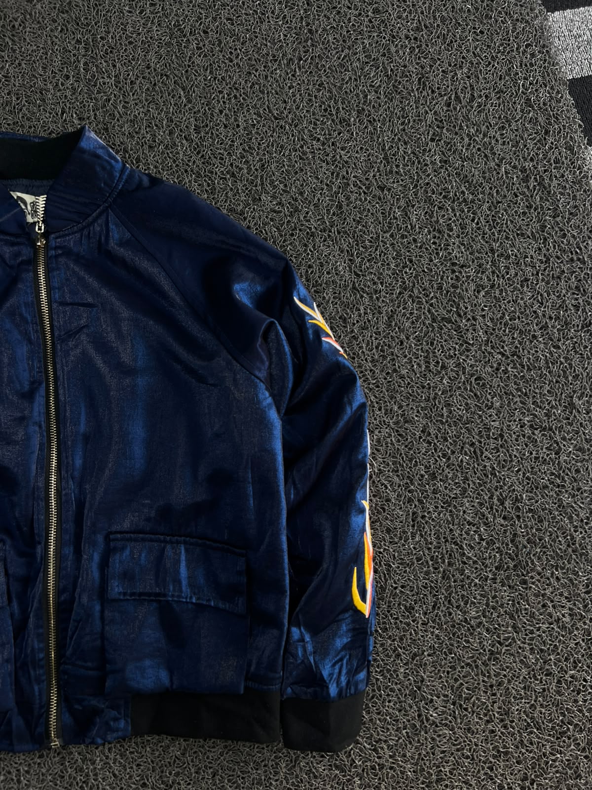 Vintage Blue Satin Embroidered Bomber Jacket – Full Zip Streetwear Jacket