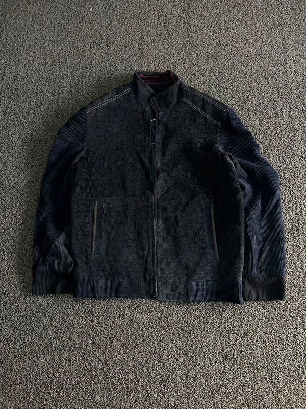 Vintage Textured Full Zip Bomber Jacket – Black Patterned Casual Zip-Up Outerwear⚠️ No Zip