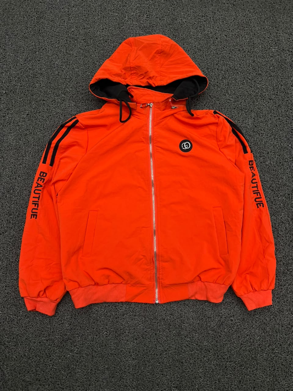 Red Hooded Zip-Up Track Jacket with Sleeve Print