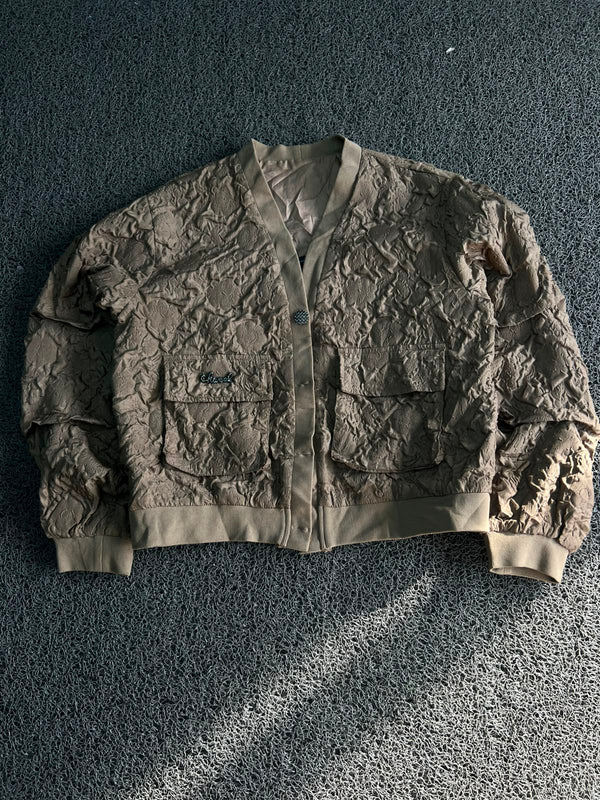 Vintage Crinkle Textured Utility Jacket – Beige | ⚠️  No Front Buttons | Dual Pocket Design