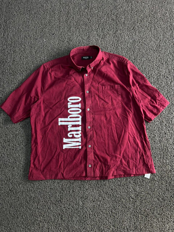 Menswear short-sleeve button-up with a bold Marlboro graphic print.