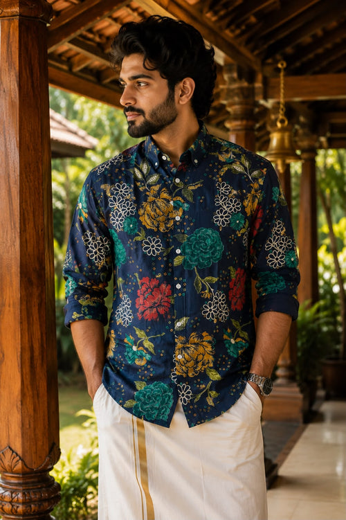Men's Blue Floral Print Full Sleeve Casual Shirt