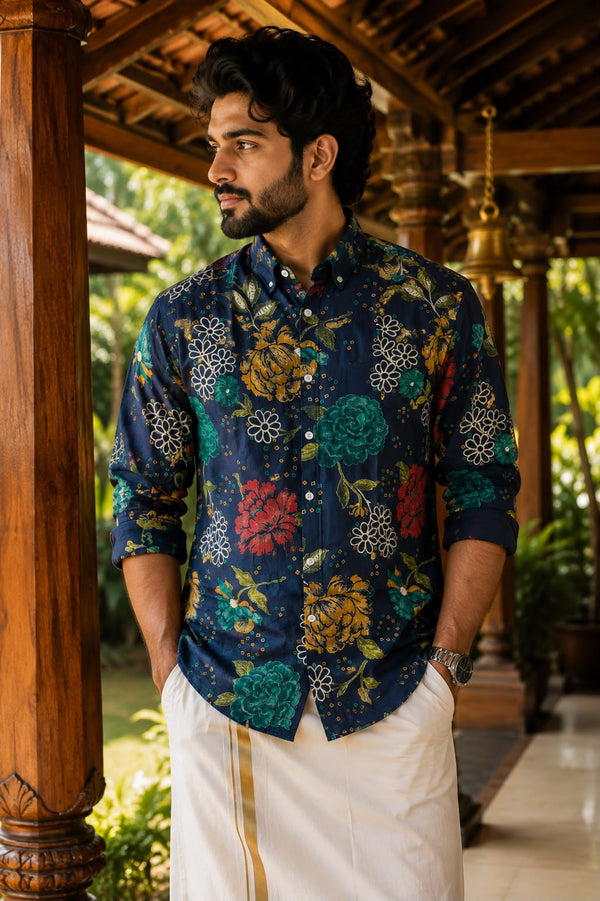 Men's Blue Floral Print Full Sleeve Casual Shirt
