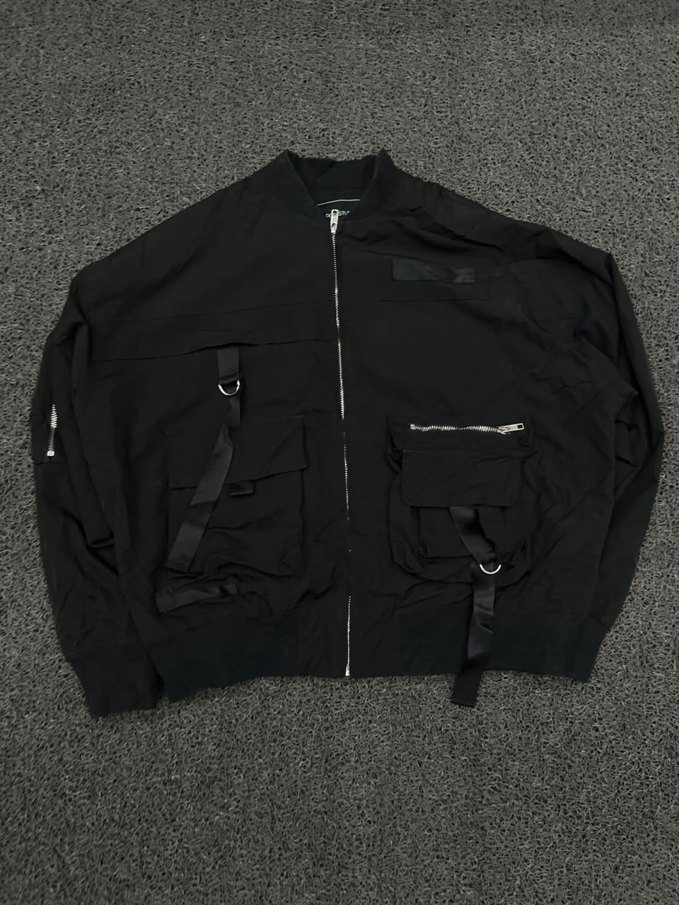 Black Techwear Multi-Pocket Utility Bomber Jacket