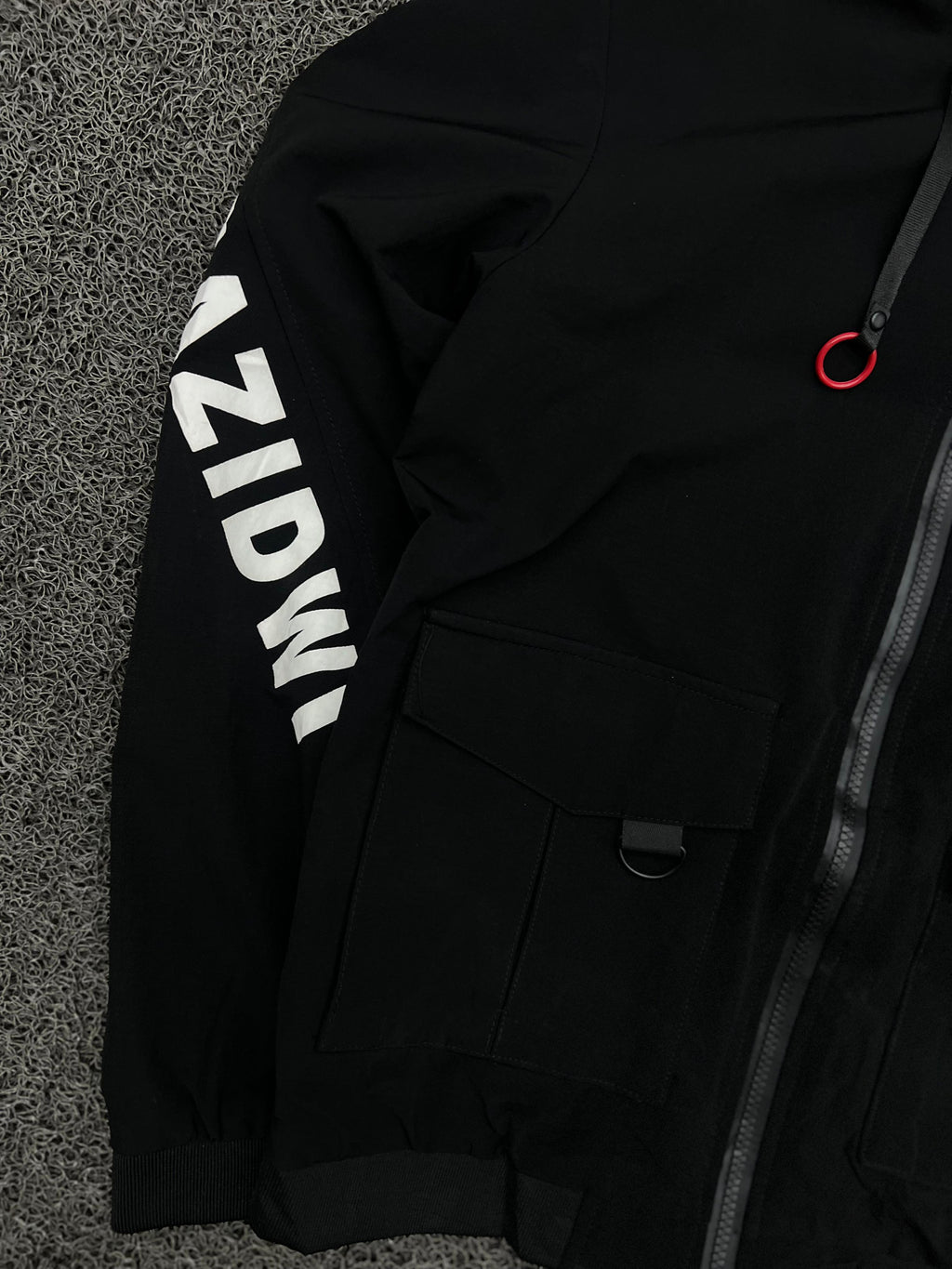 Black & Red Hooded Utility Zip Jacket – Streetwear Graphic Sleeve Windbreaker