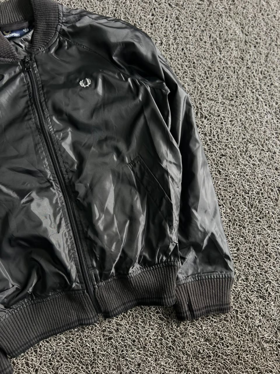 Fred Perry Black Gloss Bomber Jacket – Ribbed Collar Zip-Up Casual Jacket