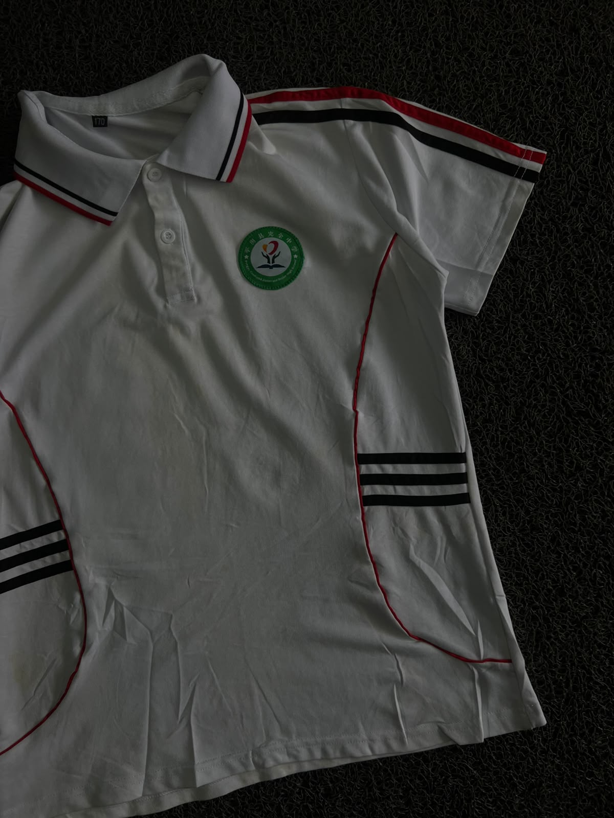Sports Polo T-Shirt with Red & Black Stripes and Embroidered Chest Badge ⚠️ Small Stains