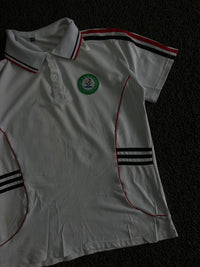 Sports Polo T-Shirt with Red & Black Stripes and Embroidered Chest Badge ⚠️ Small Stains