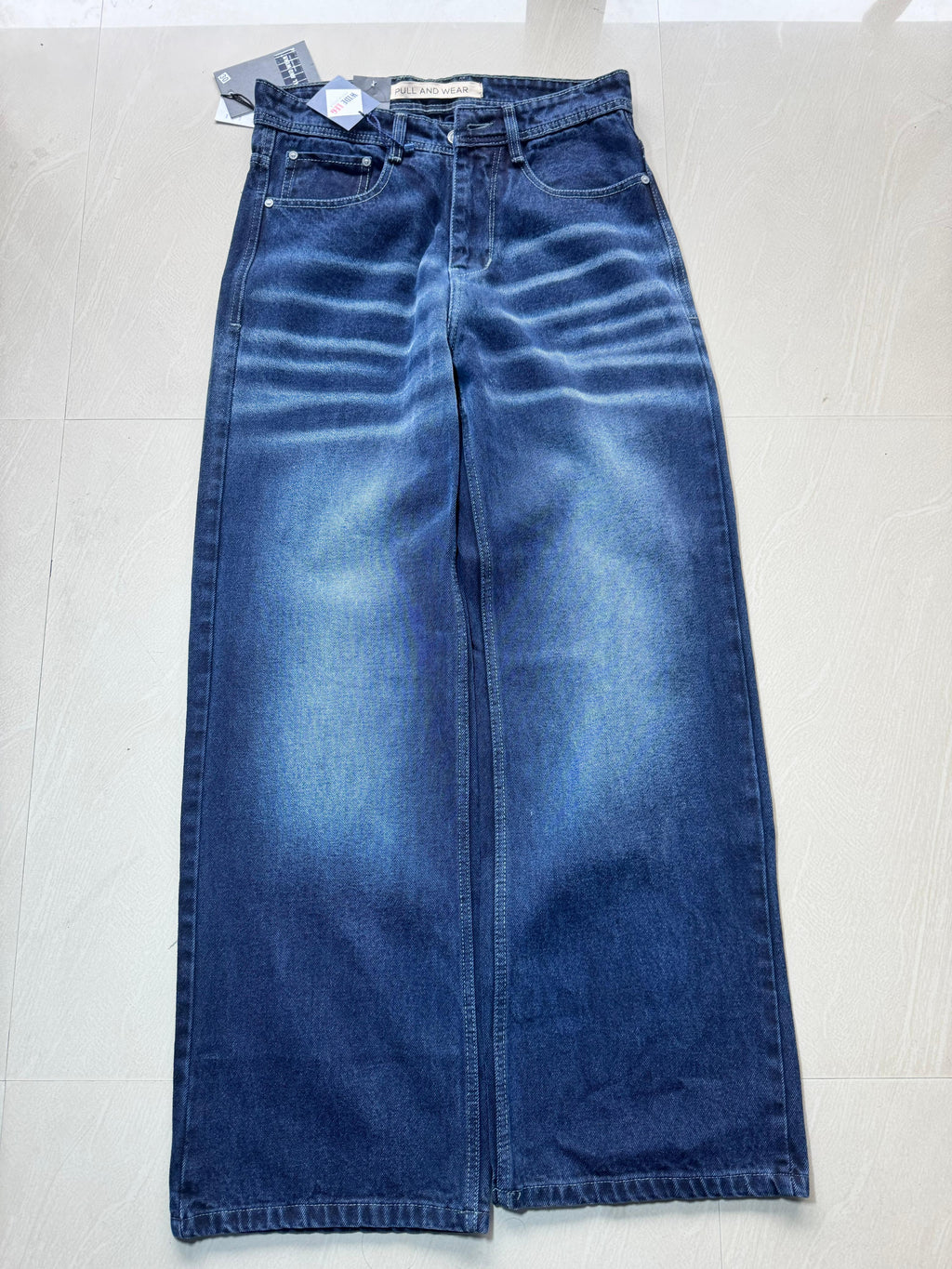 Men's Dark Blue Wide Leg Washed Jeans