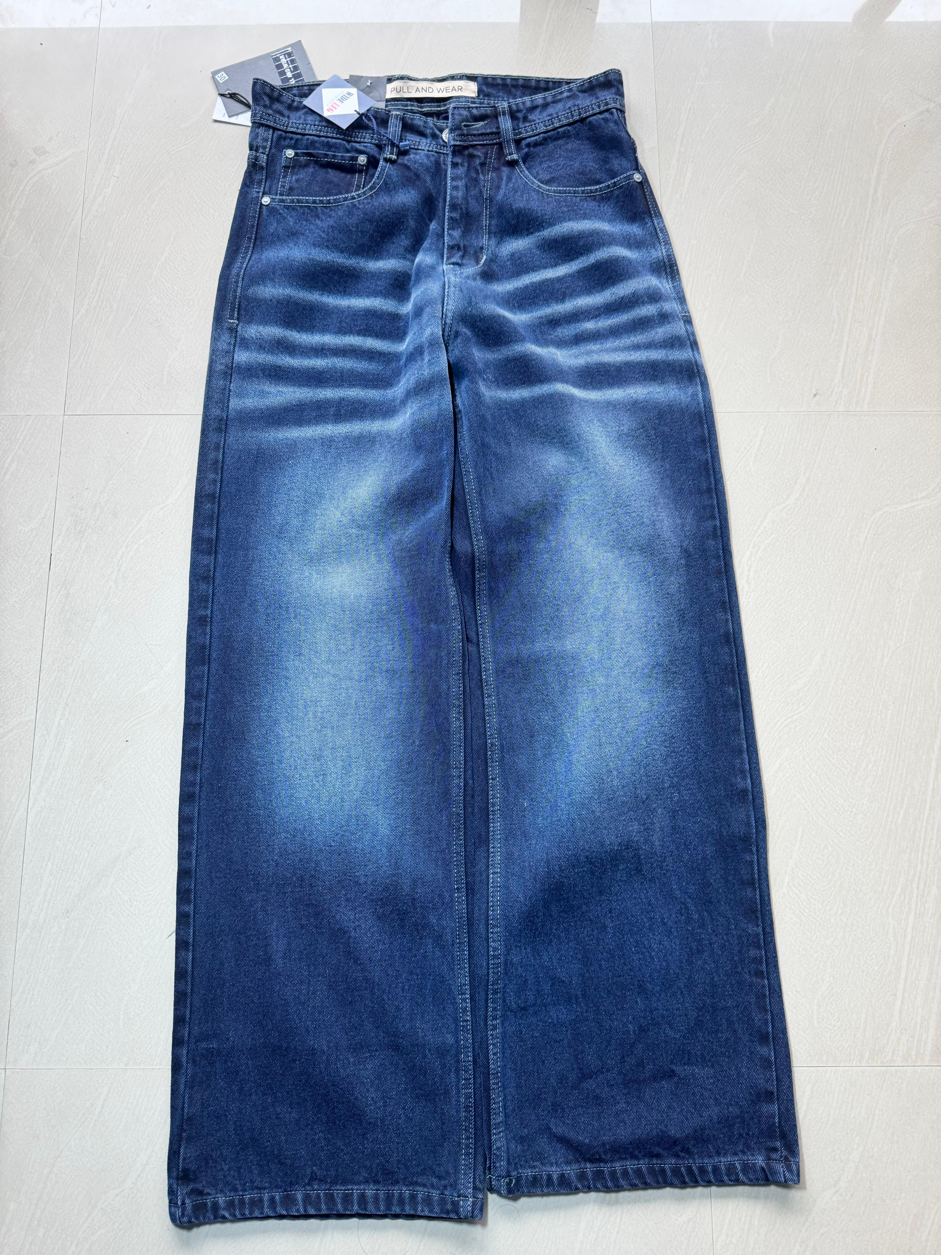Men's Dark Blue Wide Leg Washed Jeans