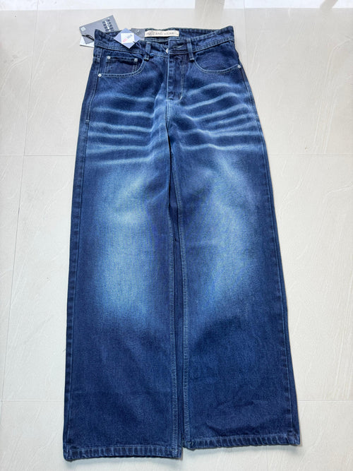 Men's Dark Blue Wide Leg Washed Jeans