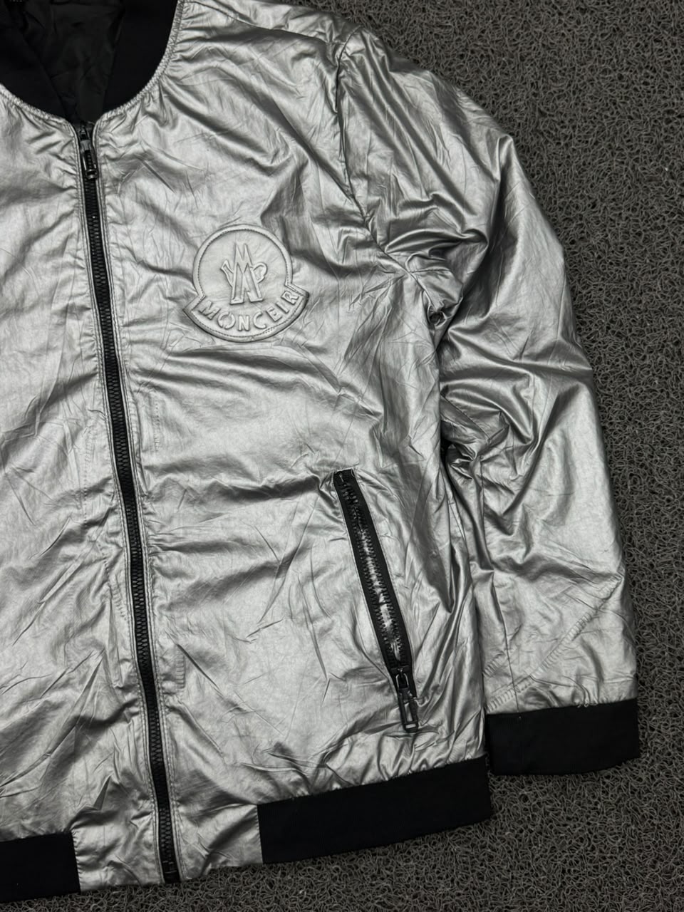 Moncler Silver Metallic Logo Bomber Jacket – Full Zip Men's Outerwear
