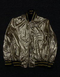 Metallic Gold Bomber Jacket with Black & Gold Striped Ribbed Details ⚠️ No Zip